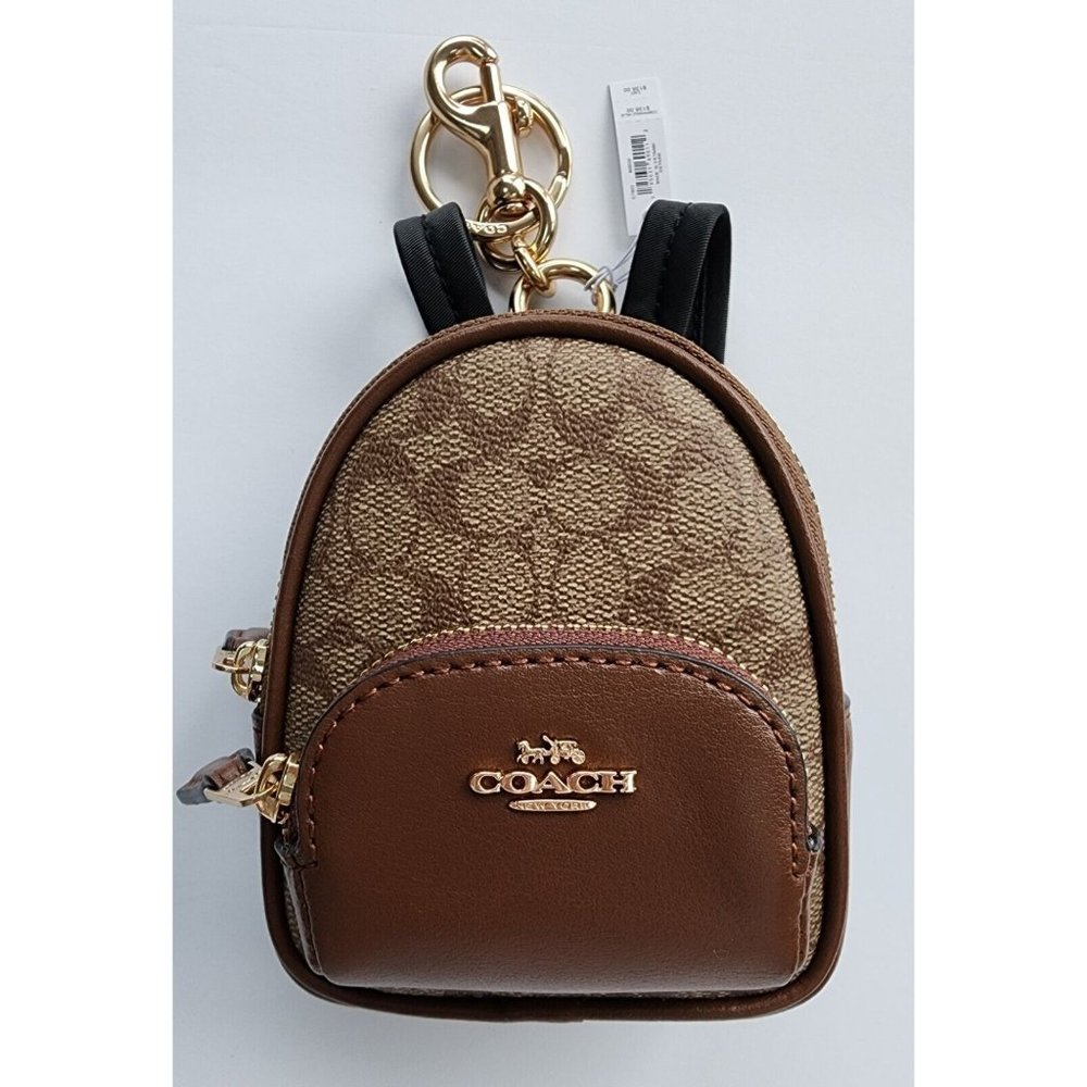 COACH Mini Court BAG CHARM Khaki Canvas Saddle brown leather key ring & …